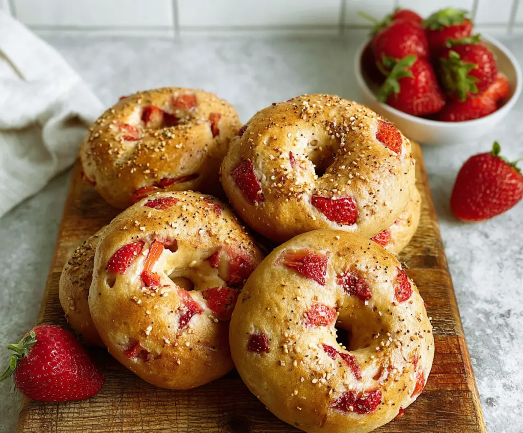Delicious homemade strawberry bagels topped with fresh strawberries and cream cheese.