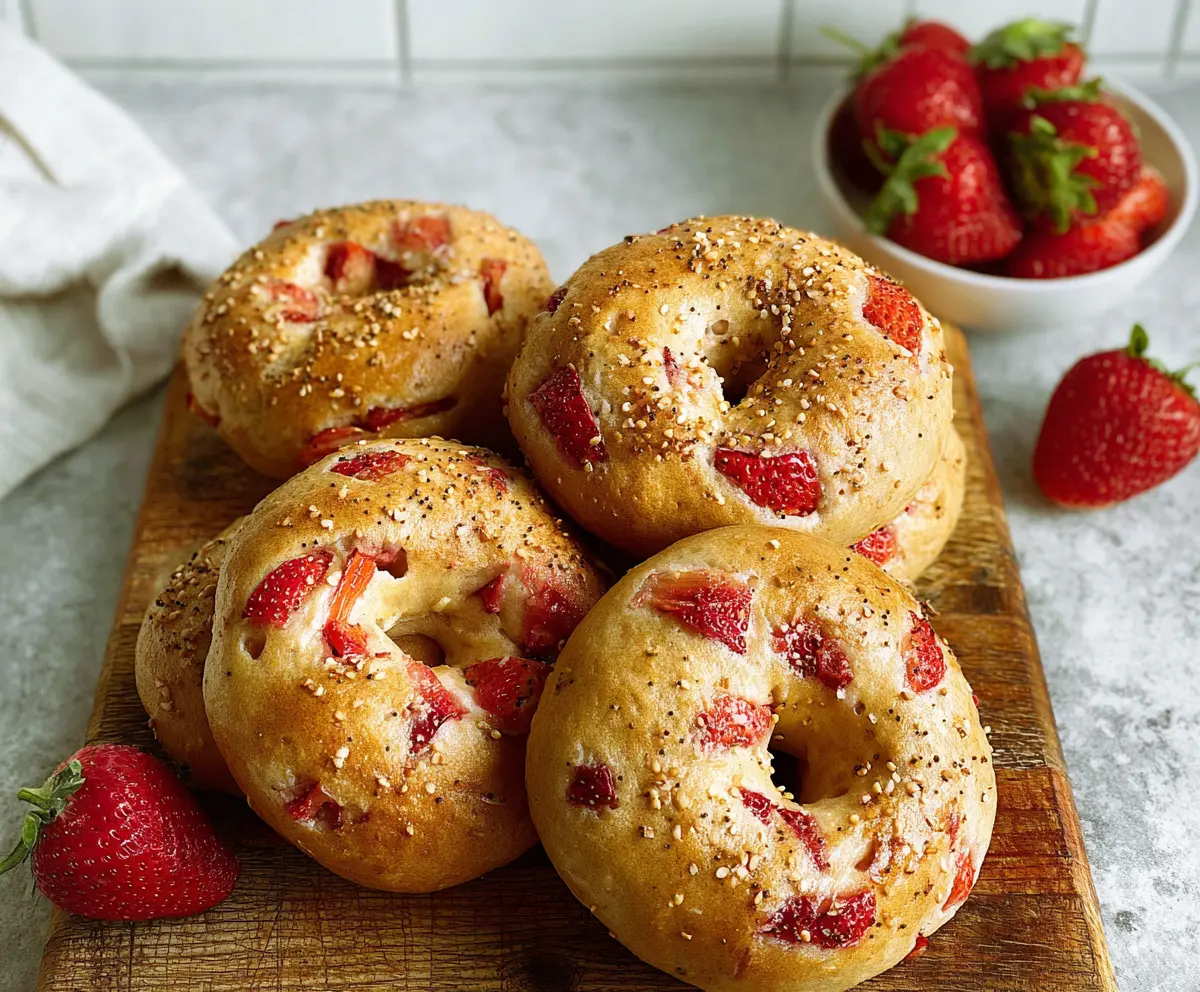 Delicious homemade strawberry bagels topped with fresh strawberries and cream cheese.