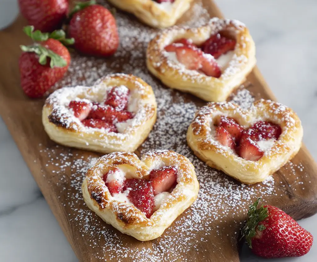 Delicious Strawberry Danish Hearts with fresh strawberries and flaky pastry, perfect for breakfast or dessert.