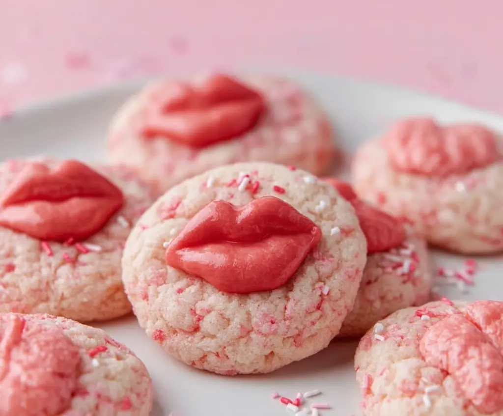 Delicious homemade strawberry kiss cookies with fresh strawberries and creamy frosting.