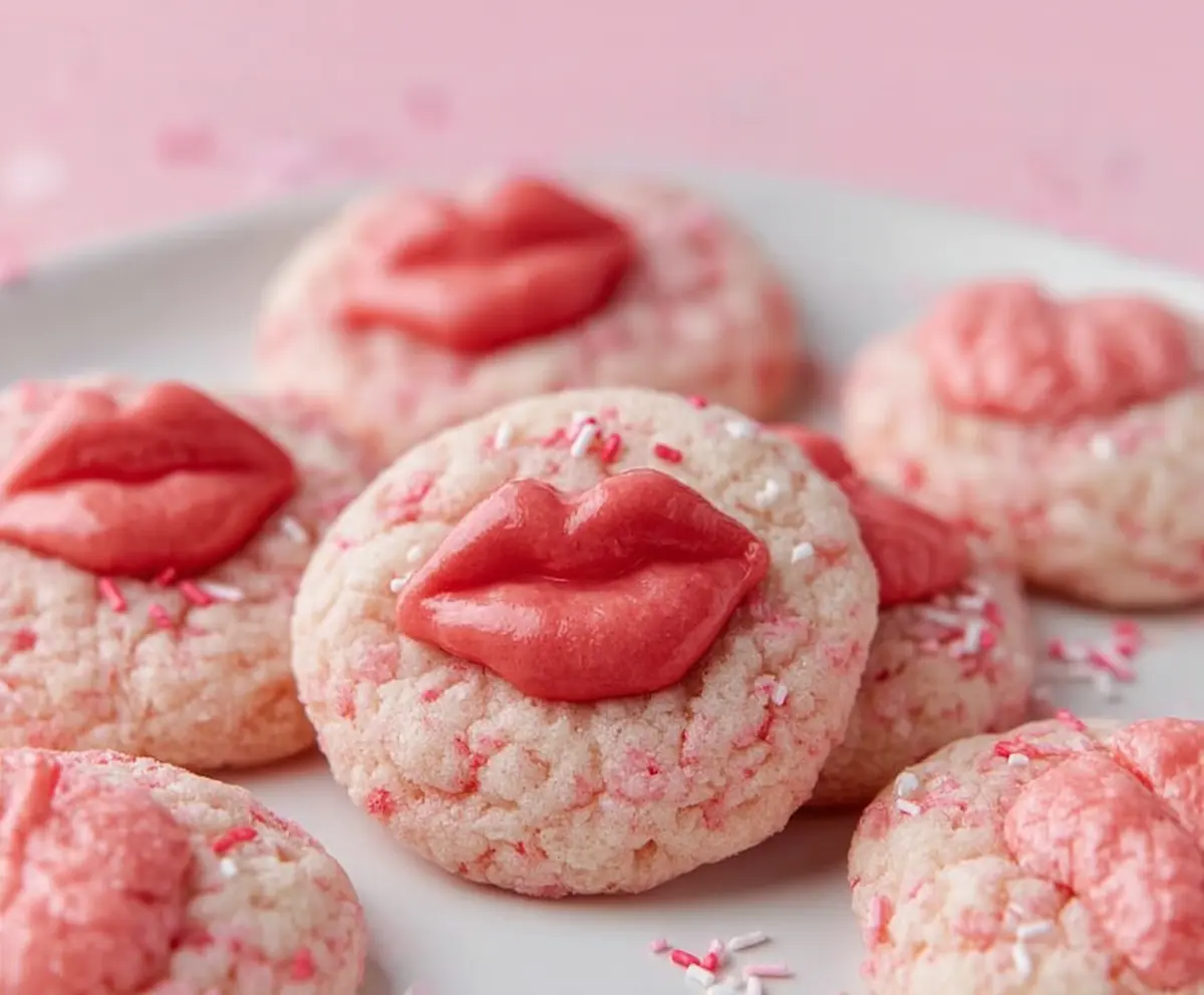 Delicious homemade strawberry kiss cookies with fresh strawberries and creamy frosting.