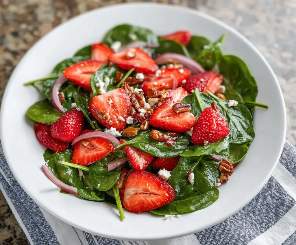 Fresh strawberry spinach salad in a bowl with vibrant red strawberries and green spinach leaves