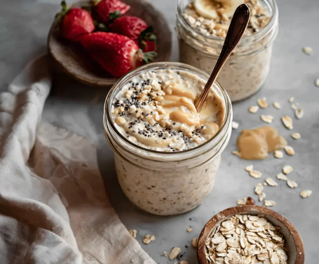 Creamy Sugar Cookie Overnight Oats topped with sprinkles and frosting for a delicious breakfast treat