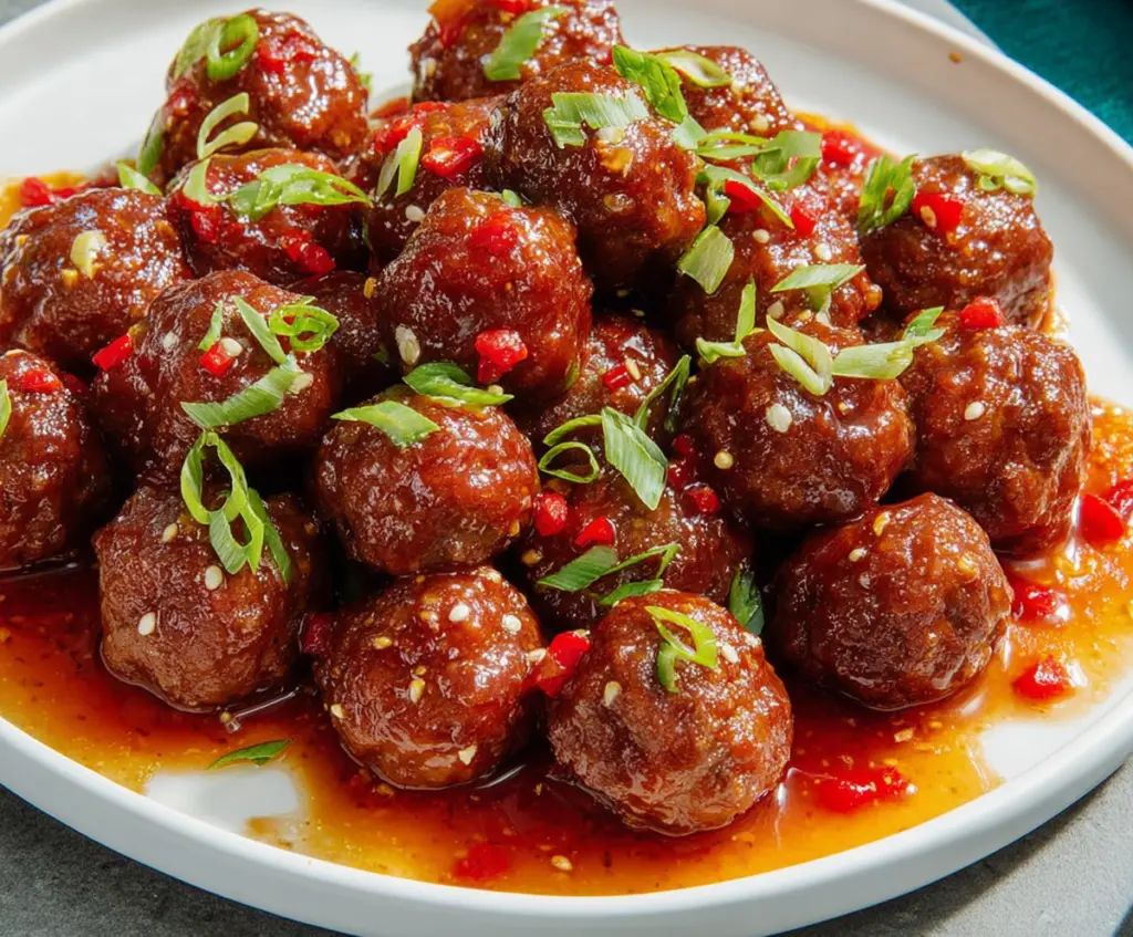 Delicious sweet and spicy meatballs served on a plate with a glossy glaze.