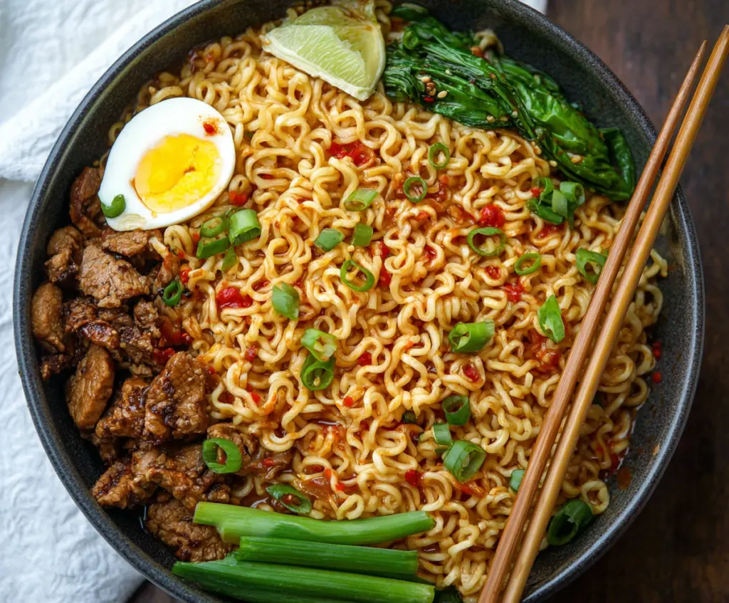 Delicious Sweet Chili Ramen Noodles topped with fresh herbs and vegetables.