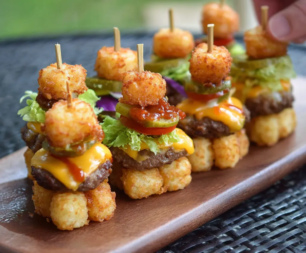 Delicious Tater Tot Mini Cheeseburger Bites served on a platter, crispy and topped with melted cheese and fresh toppings.