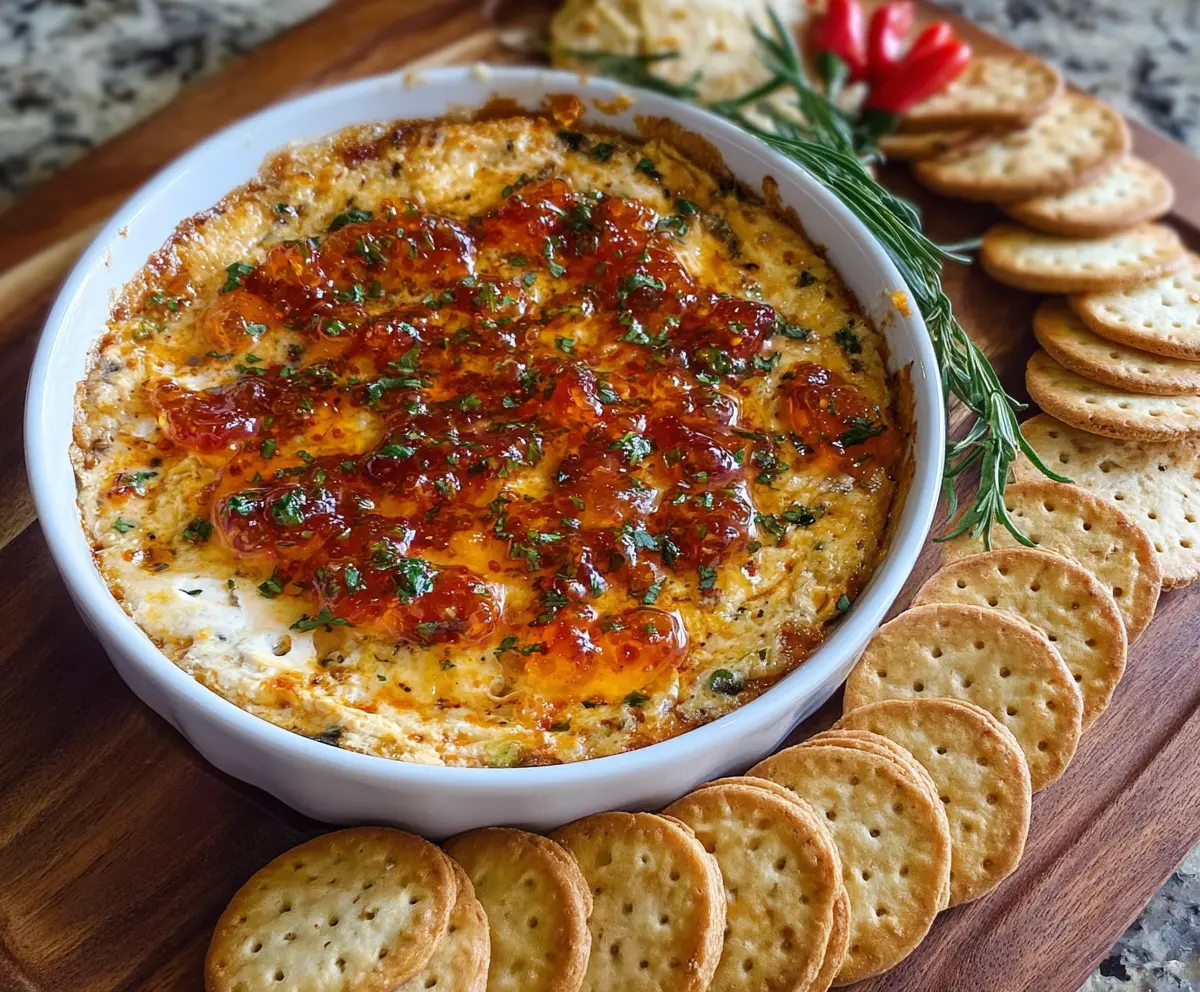 Creamy Pepper Jelly Cheese Dip served with crackers and fresh vegetables.