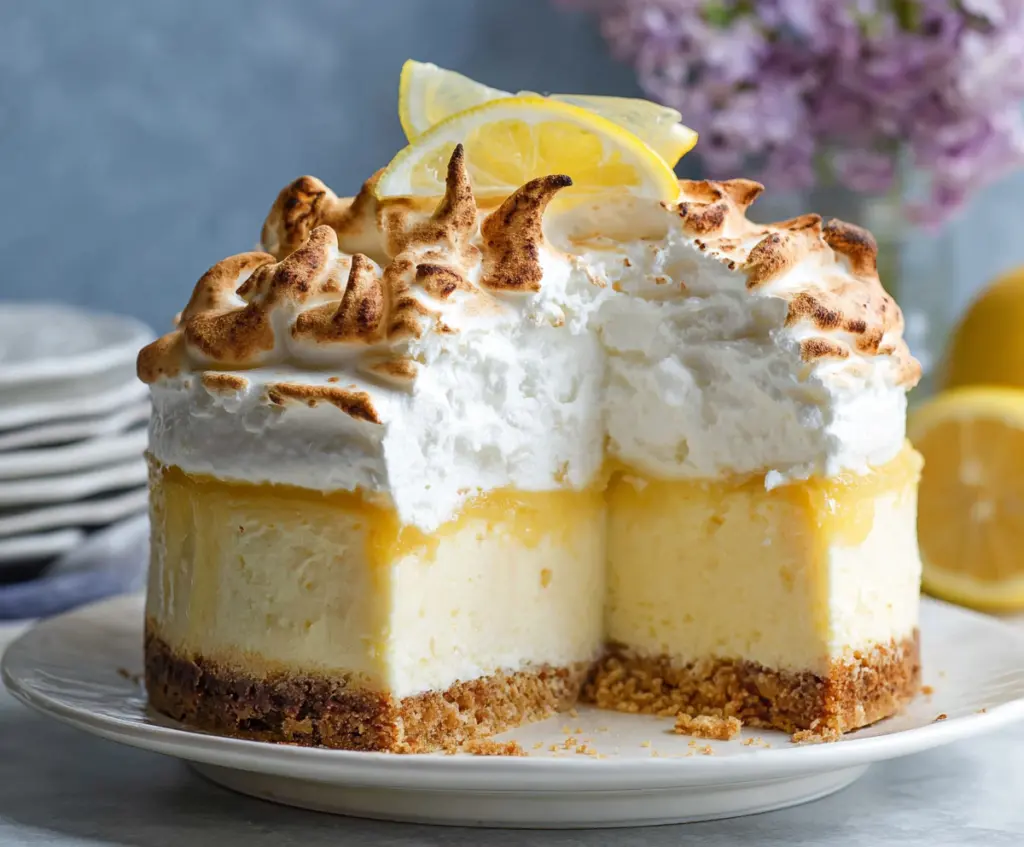 Creamy Triple Lemon Meringue Cheesecake topped with fluffy meringue and lemon slices for a refreshing dessert.
