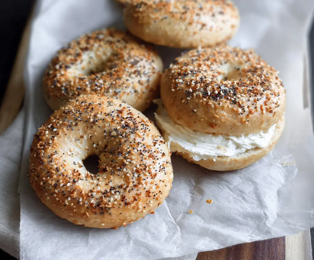 Creamy vanilla Greek yogurt bagels on a plate, showcasing a healthy breakfast option.