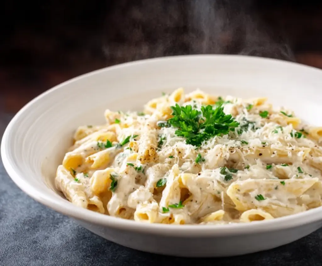 Creamy white pasta sauce served over cooked pasta, perfect for a delicious Italian meal.