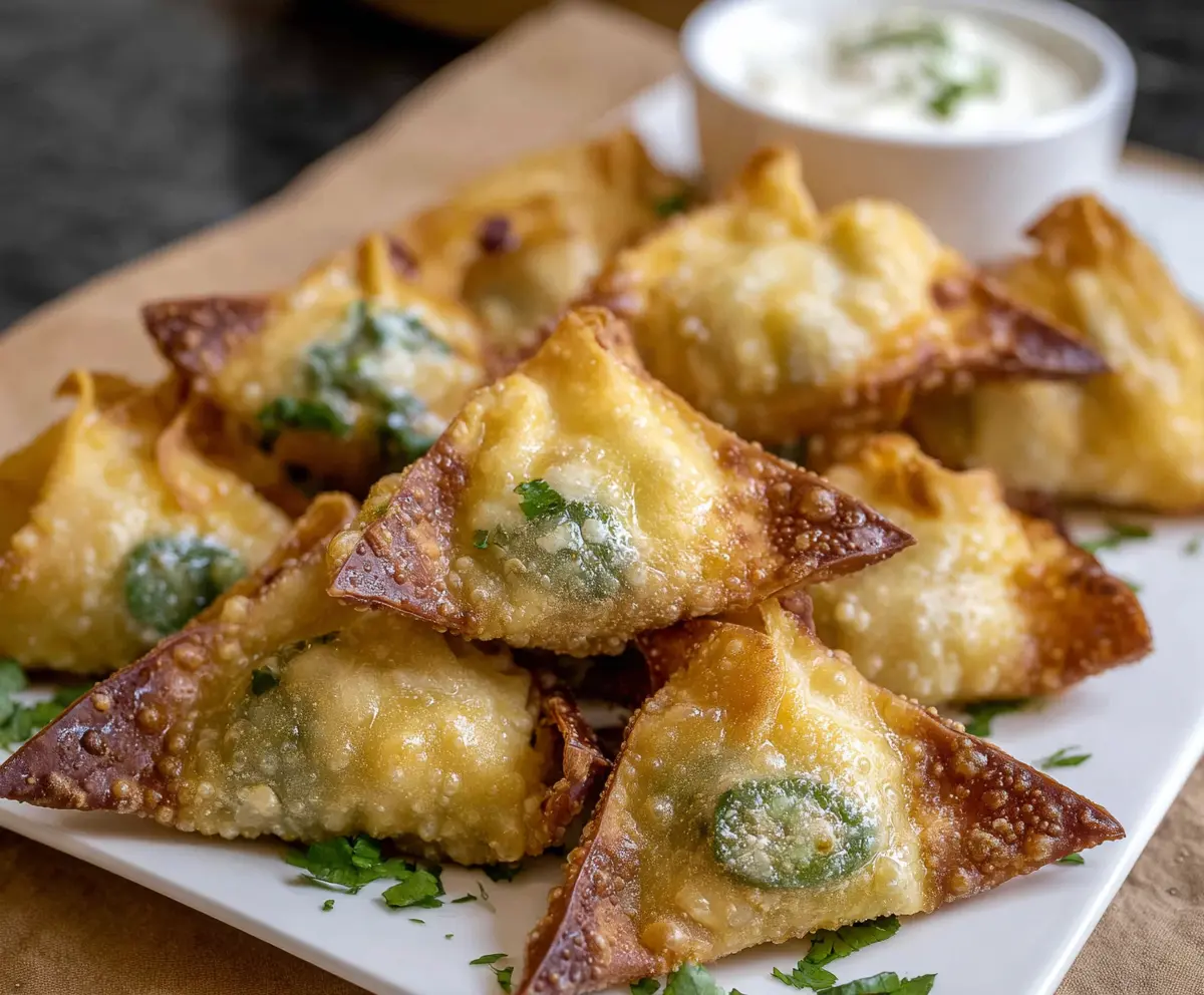 Delicious Wonton Jalapeño Poppers filled with melted cheese and spicy jalapeños, perfect for parties.