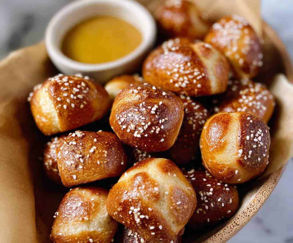Delicious yeast-free sourdough discard pretzel bites on a plate with dipping sauce