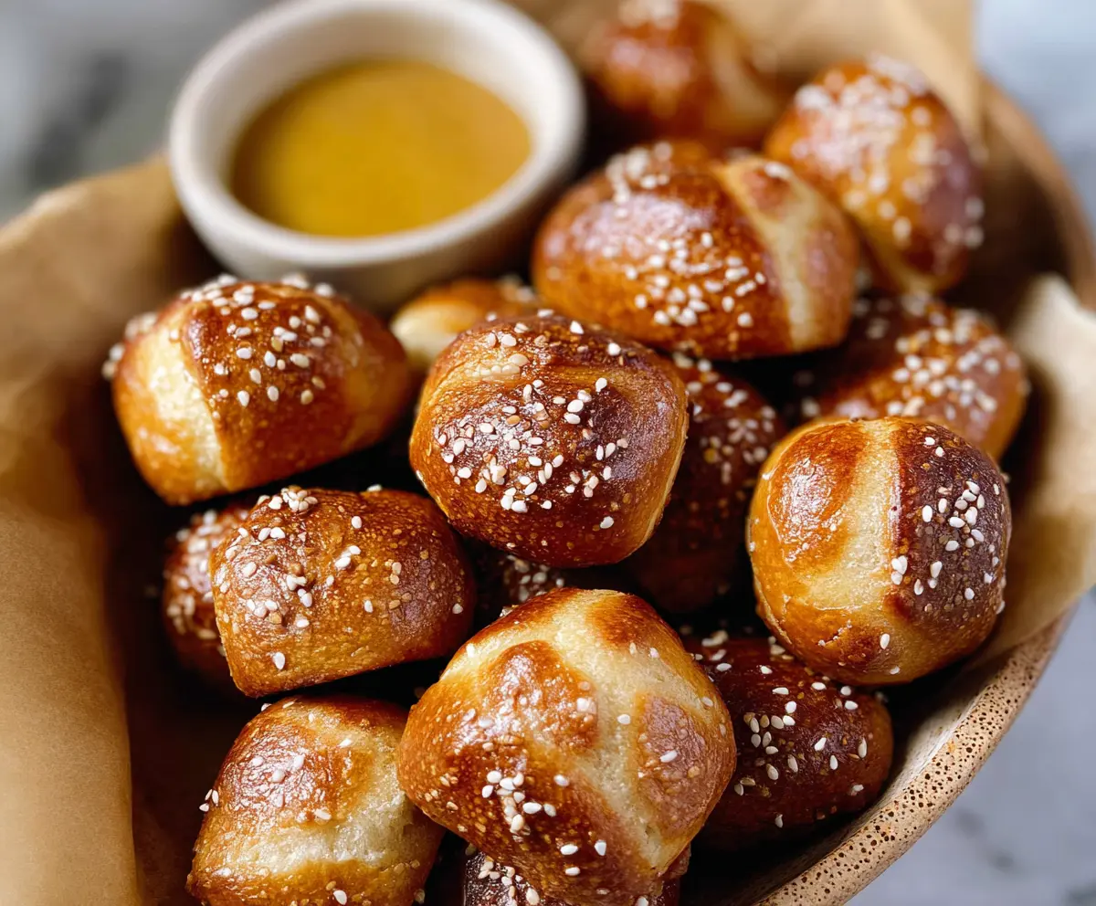 Delicious yeast-free sourdough discard pretzel bites on a plate with dipping sauce