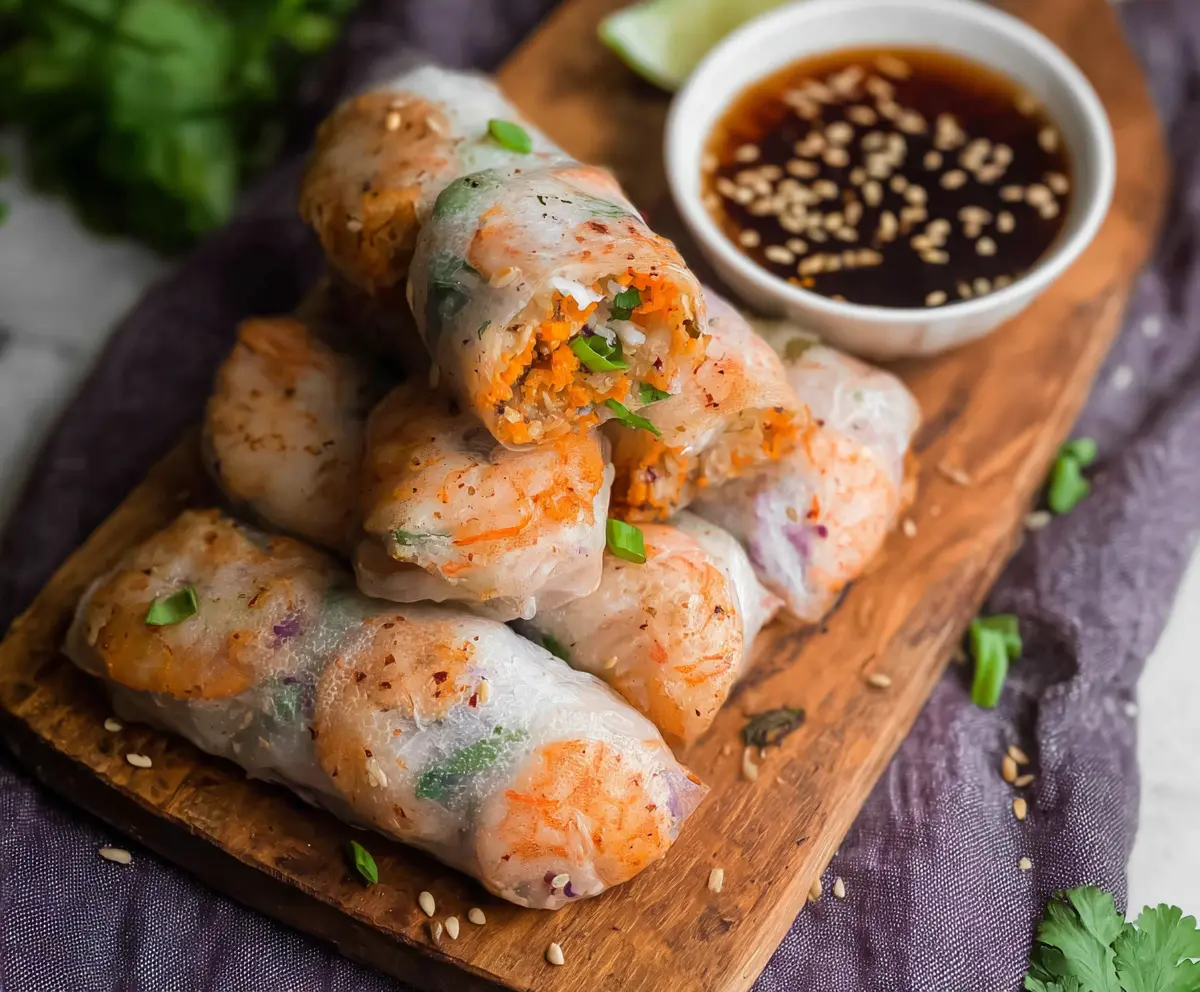 Delicious air fryer shrimp rice paper rolls served on a plate, showcasing crispy and tender seafood with fresh vegetables.