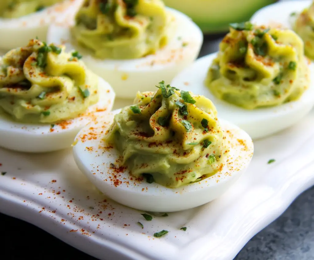 Creamy avocado stuffed deviled eggs garnished with fresh herbs for a healthy appetizer