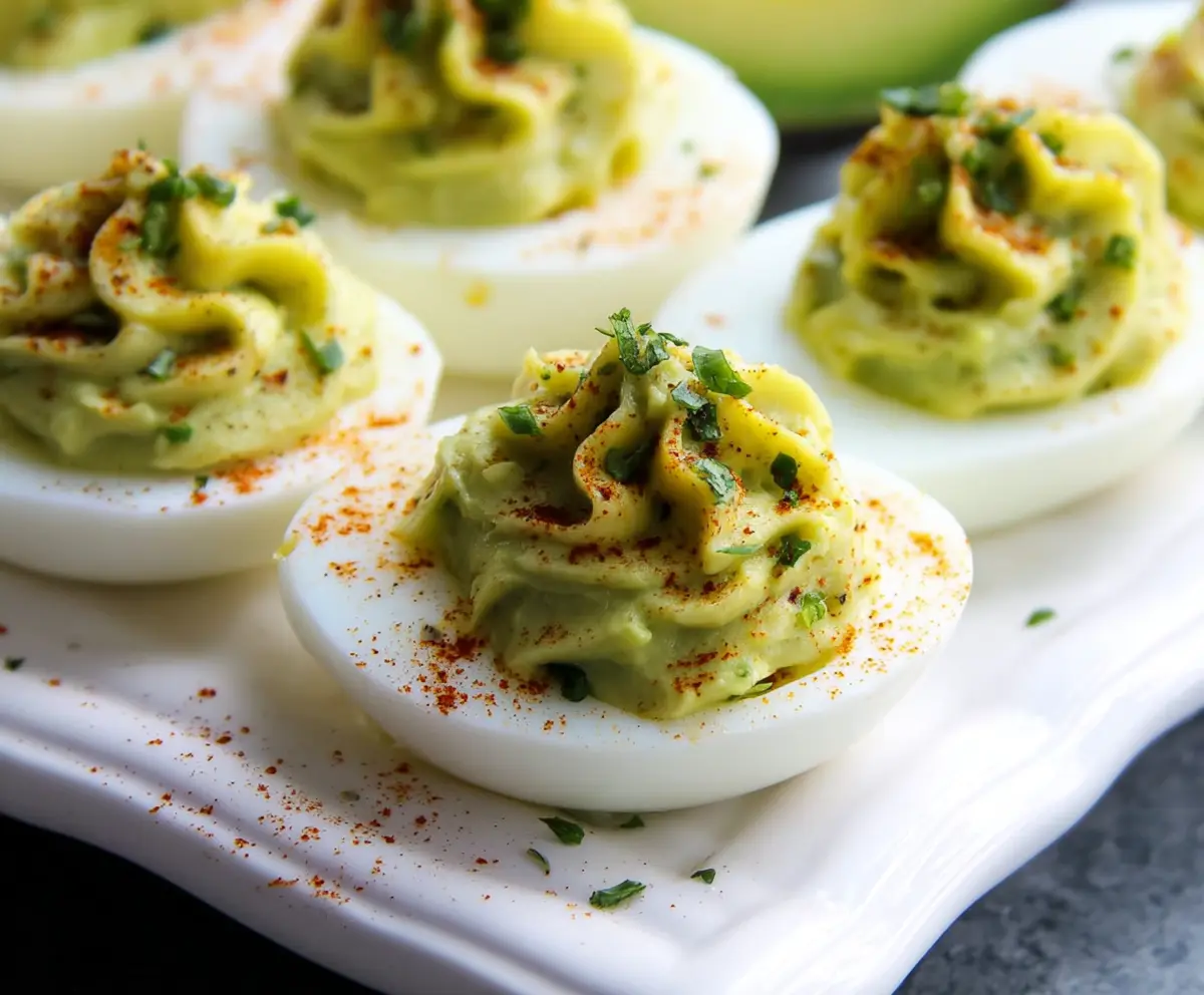 Creamy avocado stuffed deviled eggs garnished with fresh herbs for a healthy appetizer