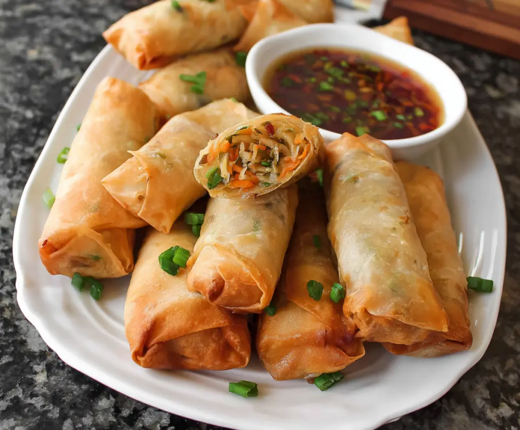 Crispy baked Chinese vegetable spring rolls served on a plate, perfect for a healthy appetizer or snack.