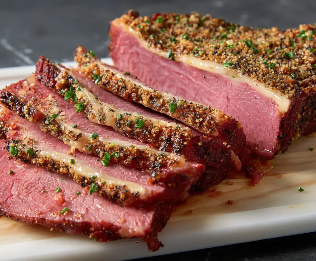 Delicious baked corned beef brisket served with vegetables and spices.