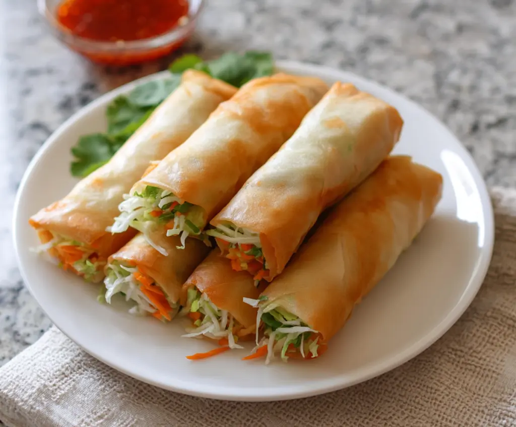 Fresh vegetable spring rolls with Bang Bang sauce on a white plate
