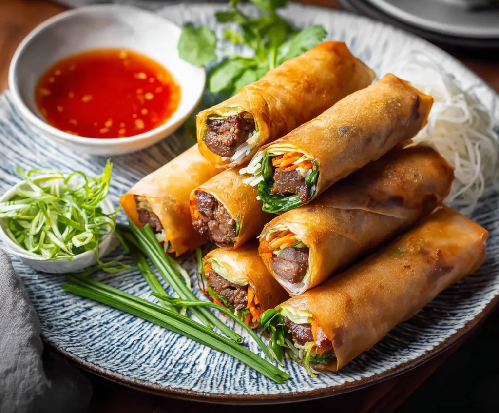 Crispy Beef Spring Rolls served with dipping sauce on a white plate