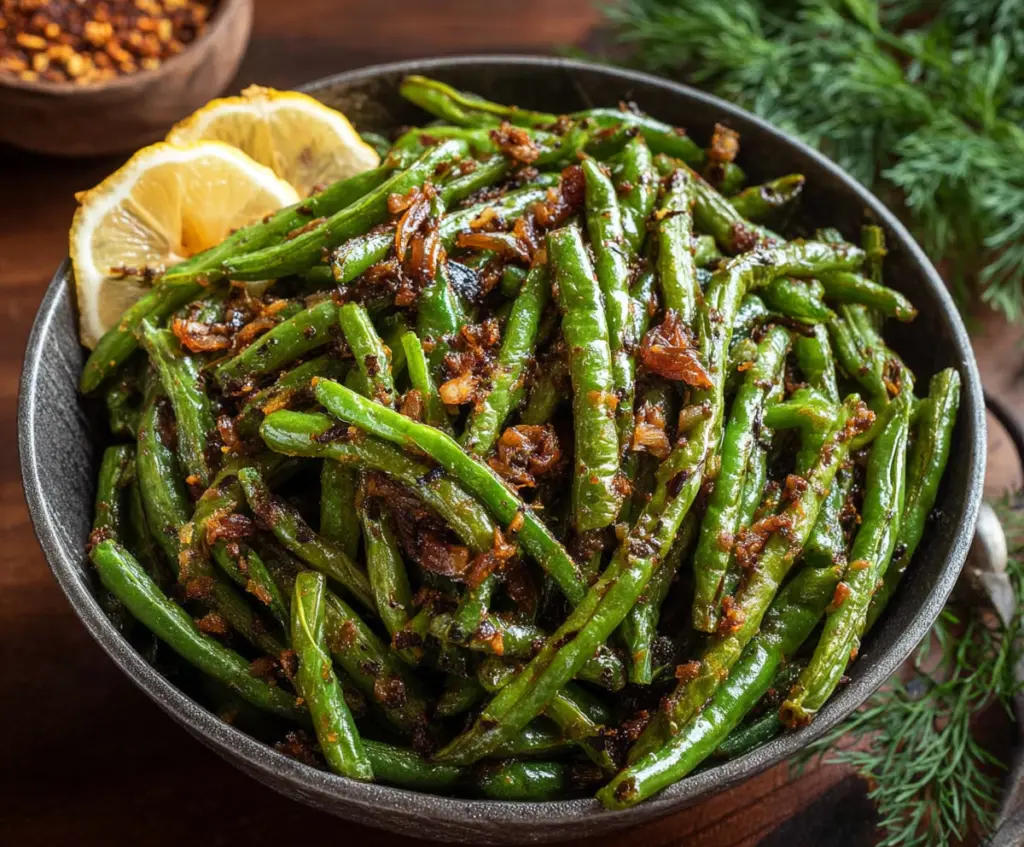 Delicious blackened green beans garnished with herbs on a rustic plate, perfect for a smoky side dish.