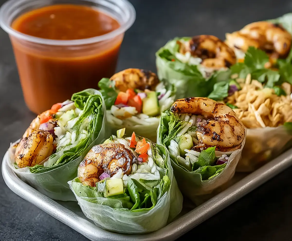 Delicious blackened shrimp spring rolls with fresh vegetables and dipping sauce