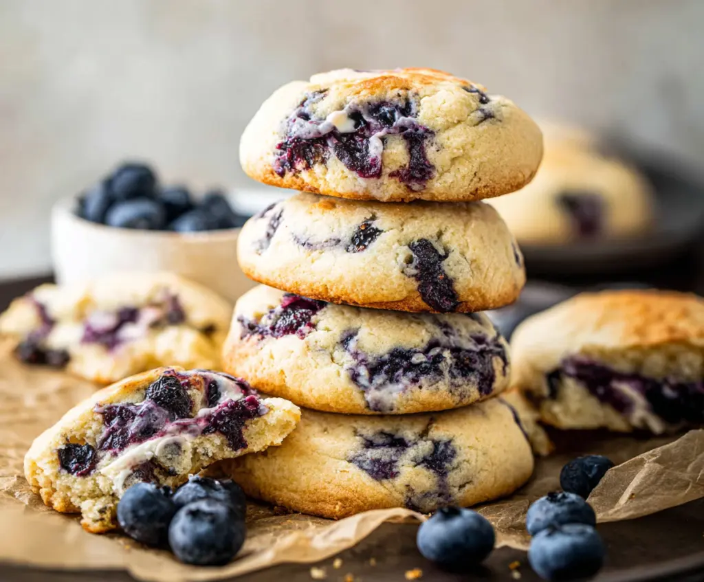 Delicious blueberry cheesecake cookies with creamy filling and fresh blueberries on top.