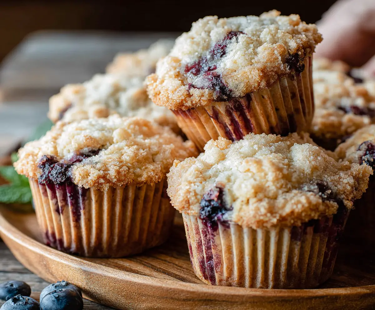 Freshly baked blueberry sourdough muffins on a white plate, showcasing a golden-brown crust and juicy blueberries inside.