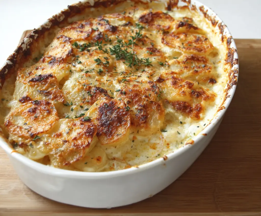 Delicious Boursin cheese scalloped potatoes served as a creamy, cheesy side dish.