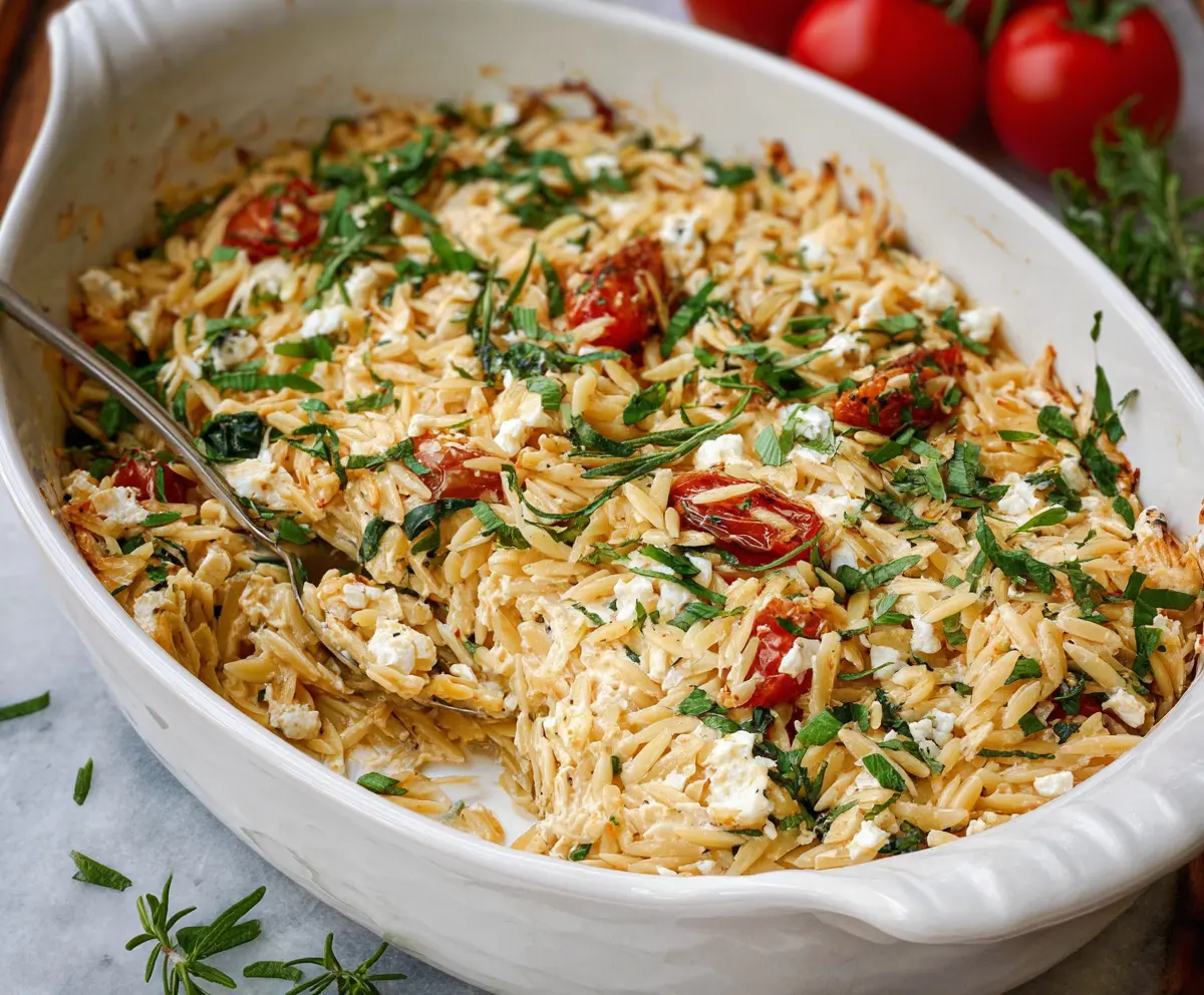 Creamy Boursin Orzo Bake garnished with fresh herbs, served hot as a comforting Italian-inspired dish.