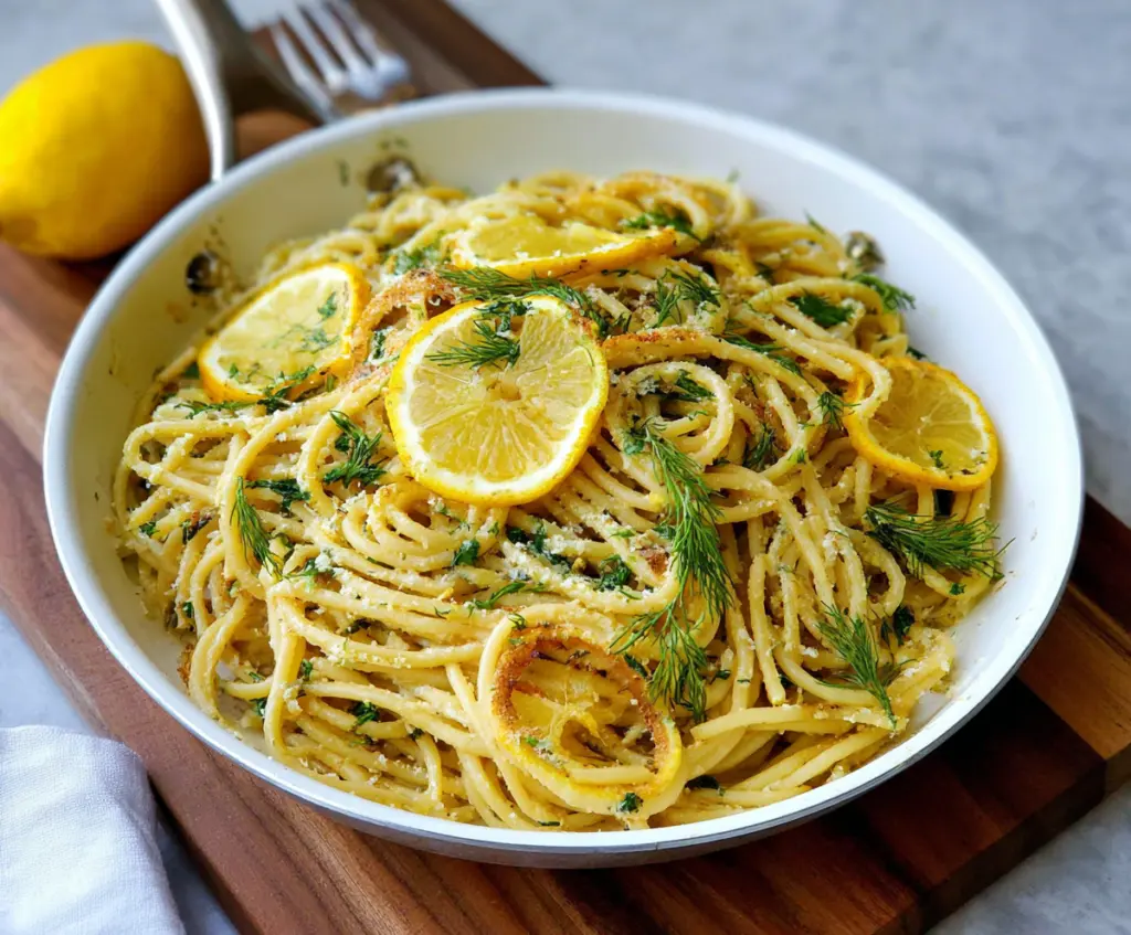 Creamy browned butter lemon dill pasta served in a rustic bowl, garnished with fresh dill and lemon slices.