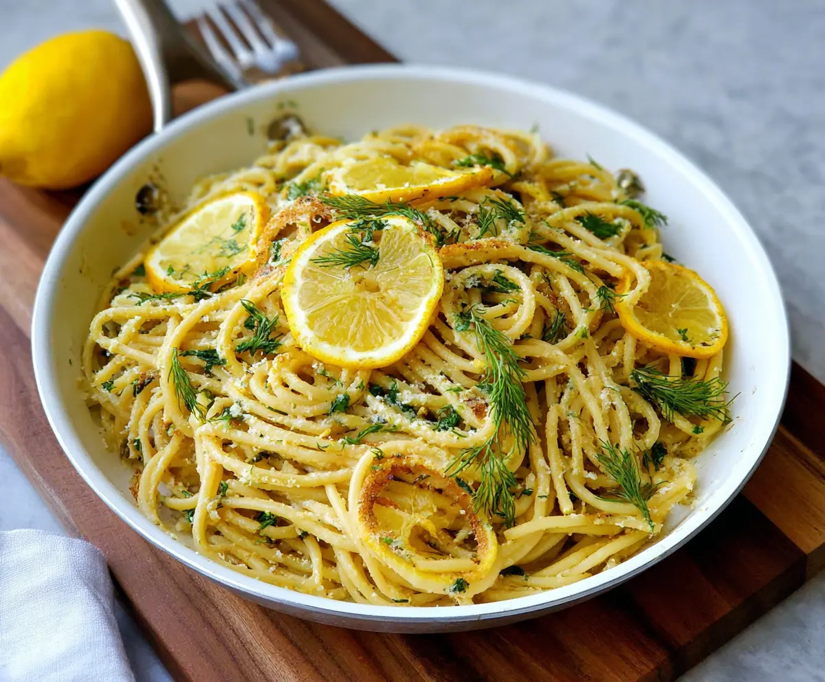 Creamy browned butter lemon dill pasta served in a rustic bowl, garnished with fresh dill and lemon slices.