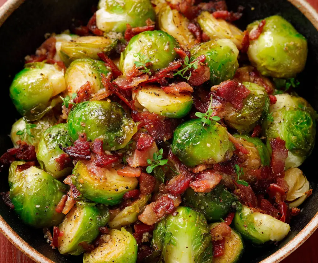Delicious roasted Brussels sprouts with crispy bacon pieces on top, perfect for a savory side dish.