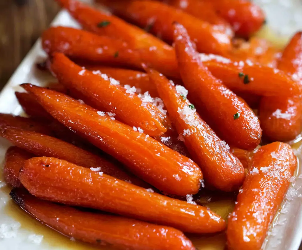 Delicious candied carrots coated with caramelized sugar on a plate, ready to serve.