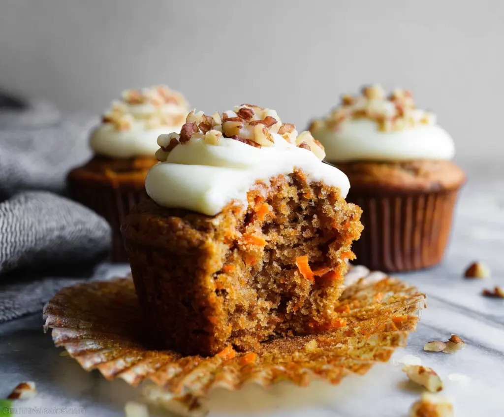 Delicious homemade carrot cake muffins with cream cheese frosting, perfect for breakfast or snack.
