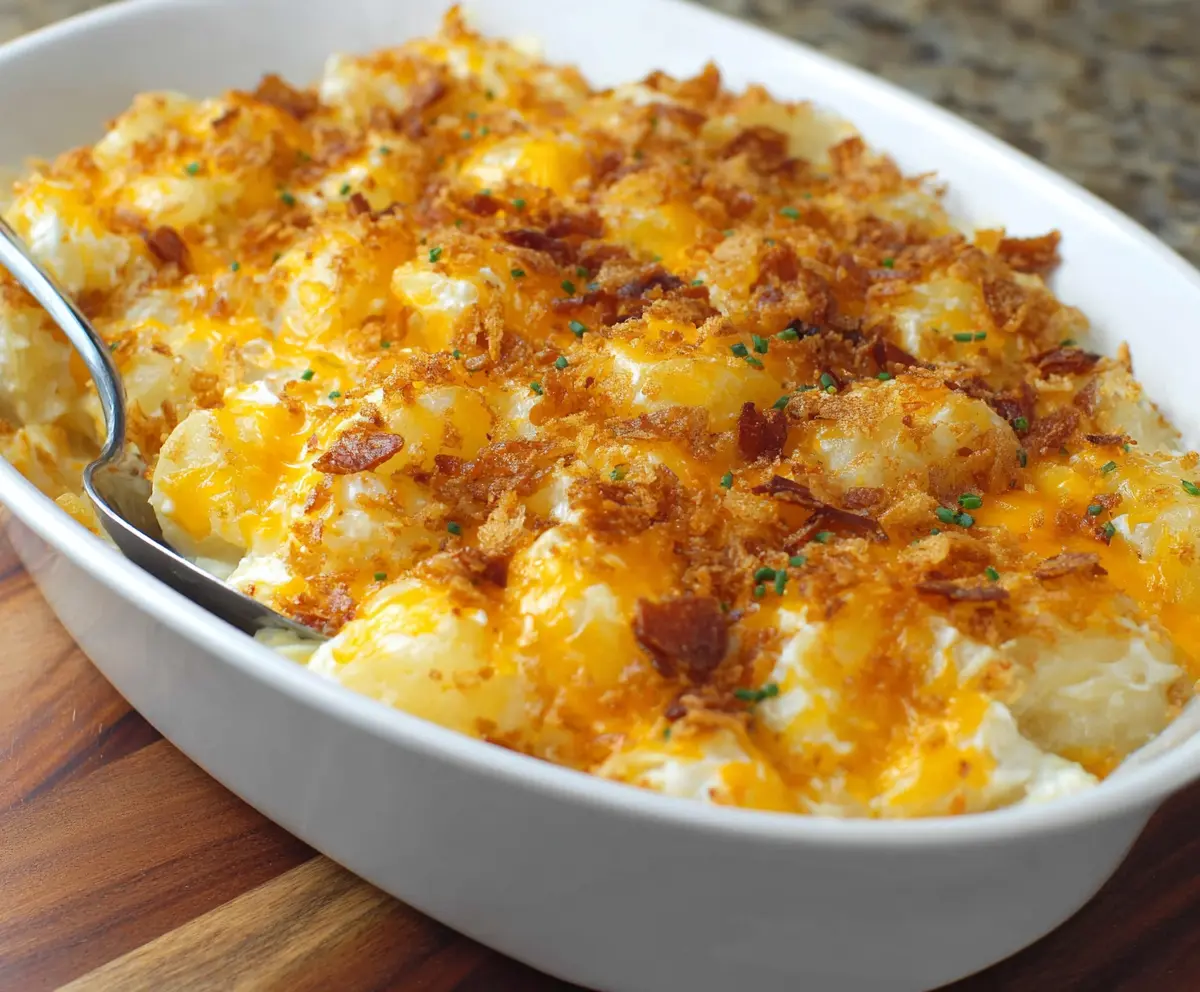 Delicious Cheesy Baked Potato Casserole topped with melted cheese and crispy bacon.