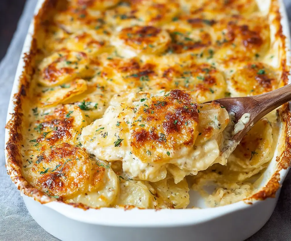 Delicious cheesy garlic scalloped potatoes served as a creamy, cheesy potato casserole dish.