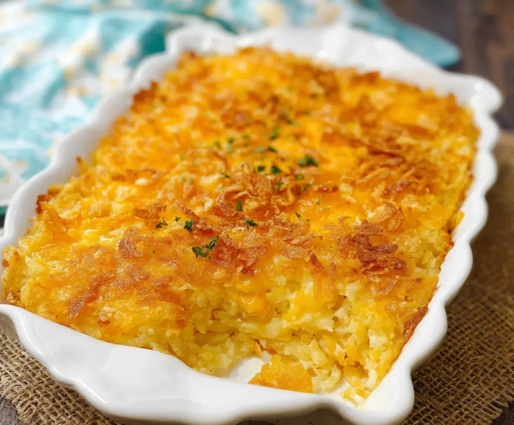 Delicious cheesy hashbrown casserole topped with melted cheese and crispy golden edges.