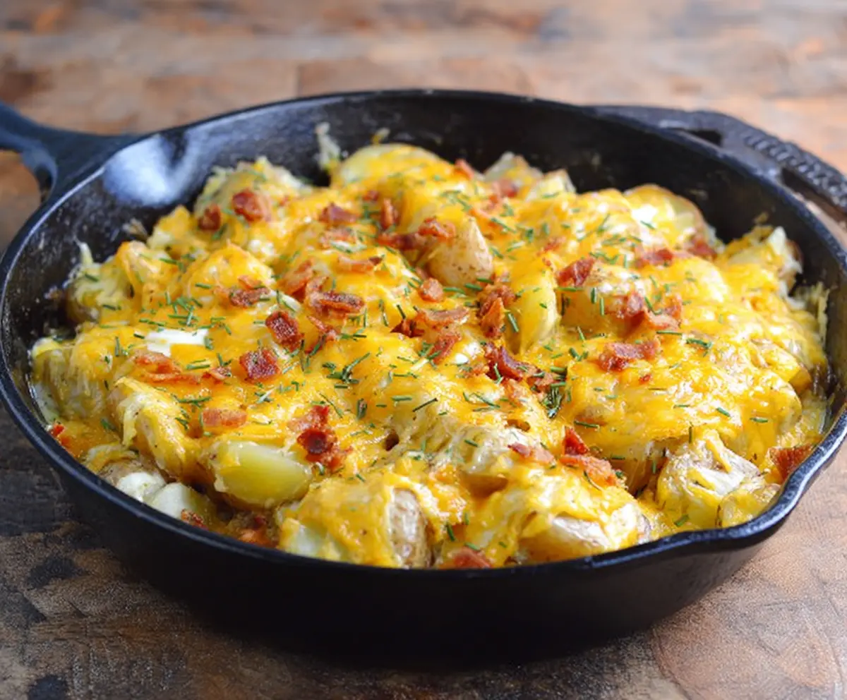Delicious cheesy potato skillet with melted cheese and crispy potatoes, perfect for a hearty meal.