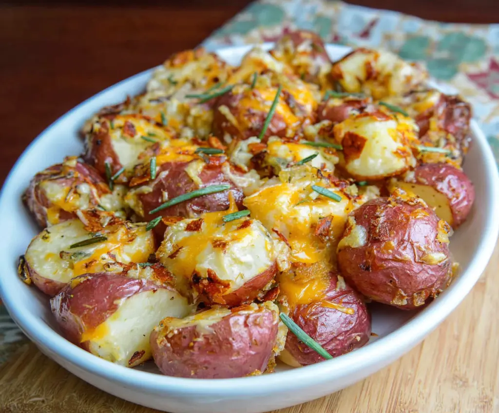 Delicious cheesy red potatoes baked to perfection with melted cheese and herbs