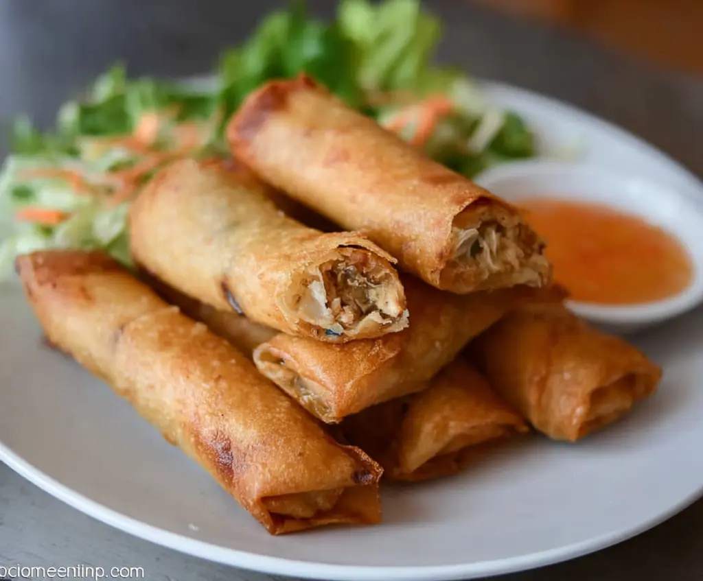 Crispy Chicken Lumpia served on a white plate with dipping sauce