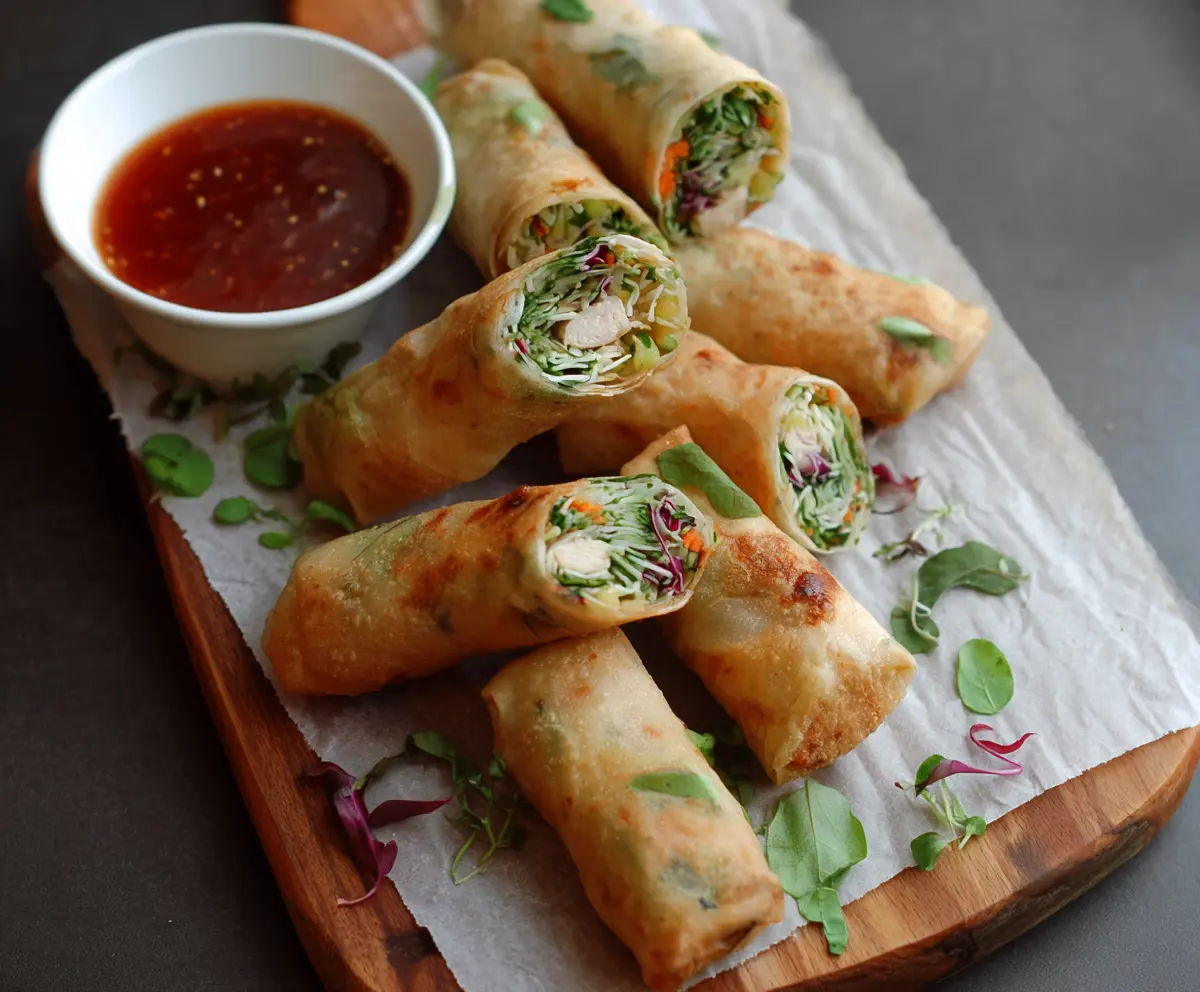 Delicious homemade chicken vegetable spring rolls served with a dipping sauce.