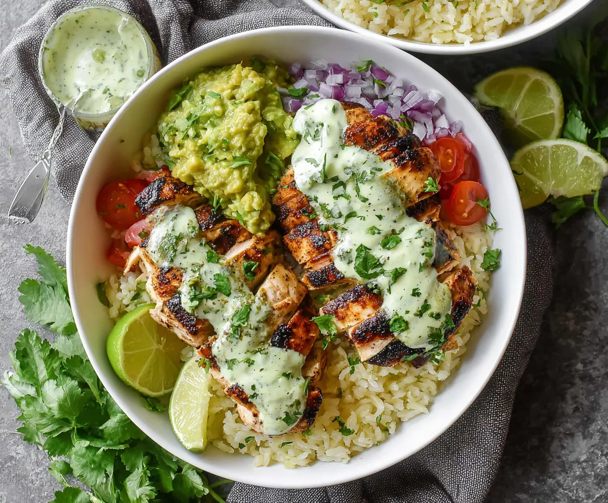 Fresh cilantro lime chicken bowls served with rice and vegetables, perfect for a healthy meal.