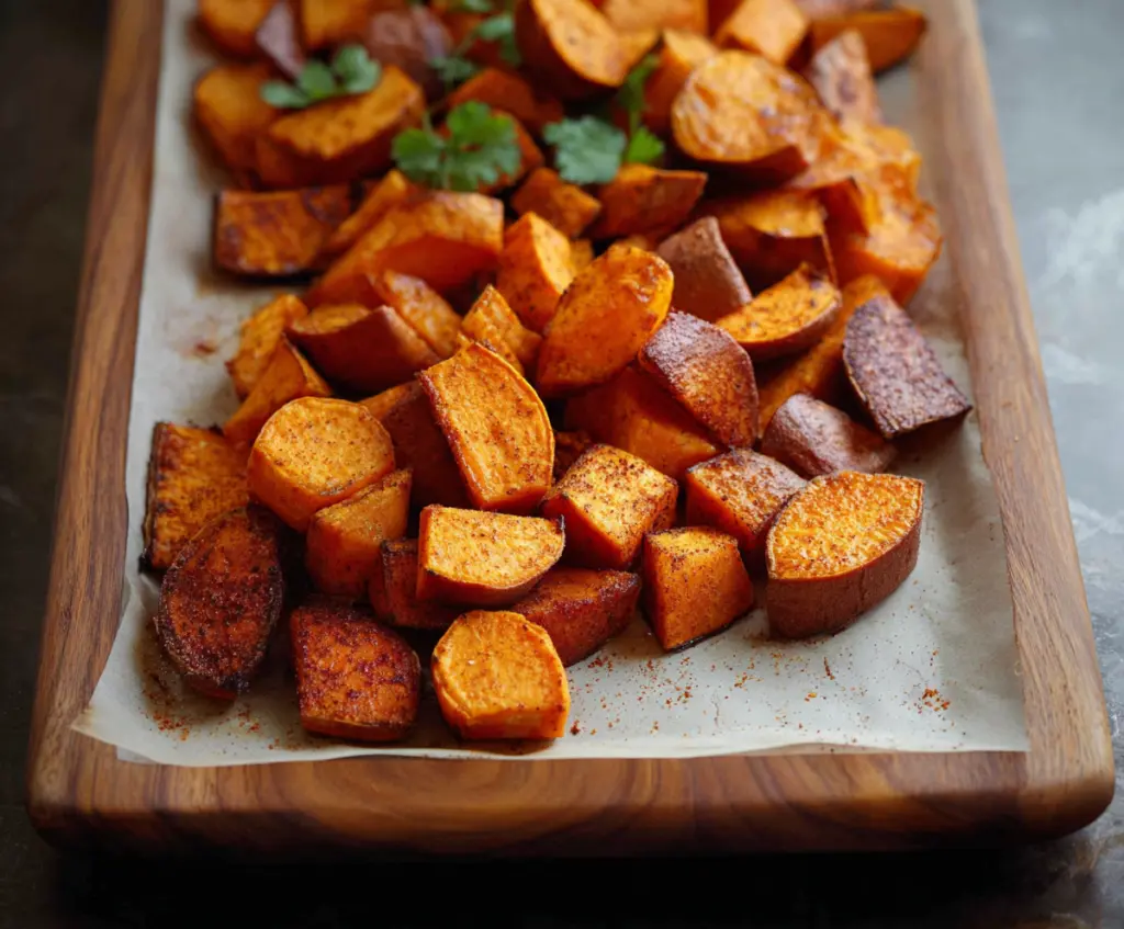 Delicious cinnamon roasted sweet potatoes garnished with cinnamon powder and thyme on a rustic wooden table.