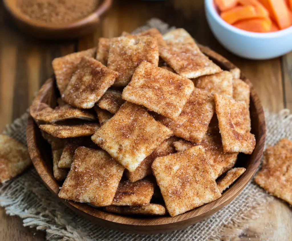 Cinnamon Sugar Sourdough Crackers on a rustic plate, with a sprinkle of cinnamon and sugar topping.