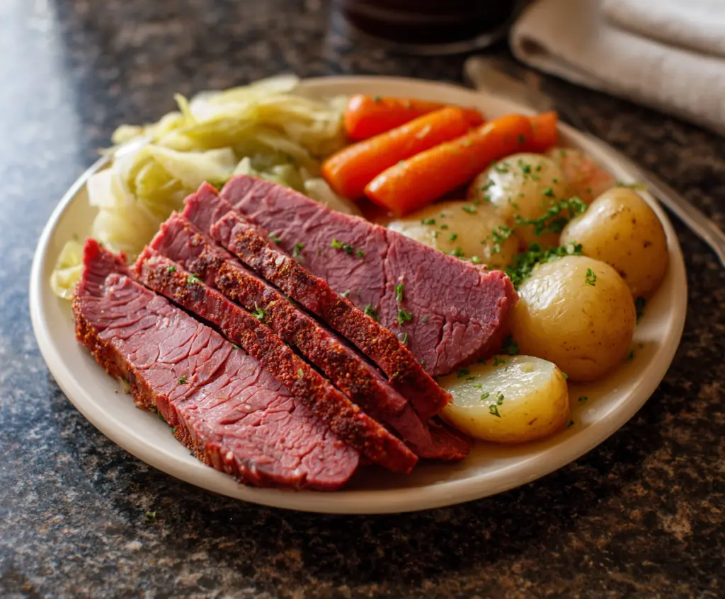 Delicious Corned Beef and Cabbage served on a plate for a hearty meal.