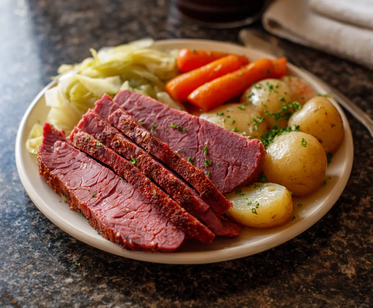 Delicious Corned Beef and Cabbage served on a plate for a hearty meal.
