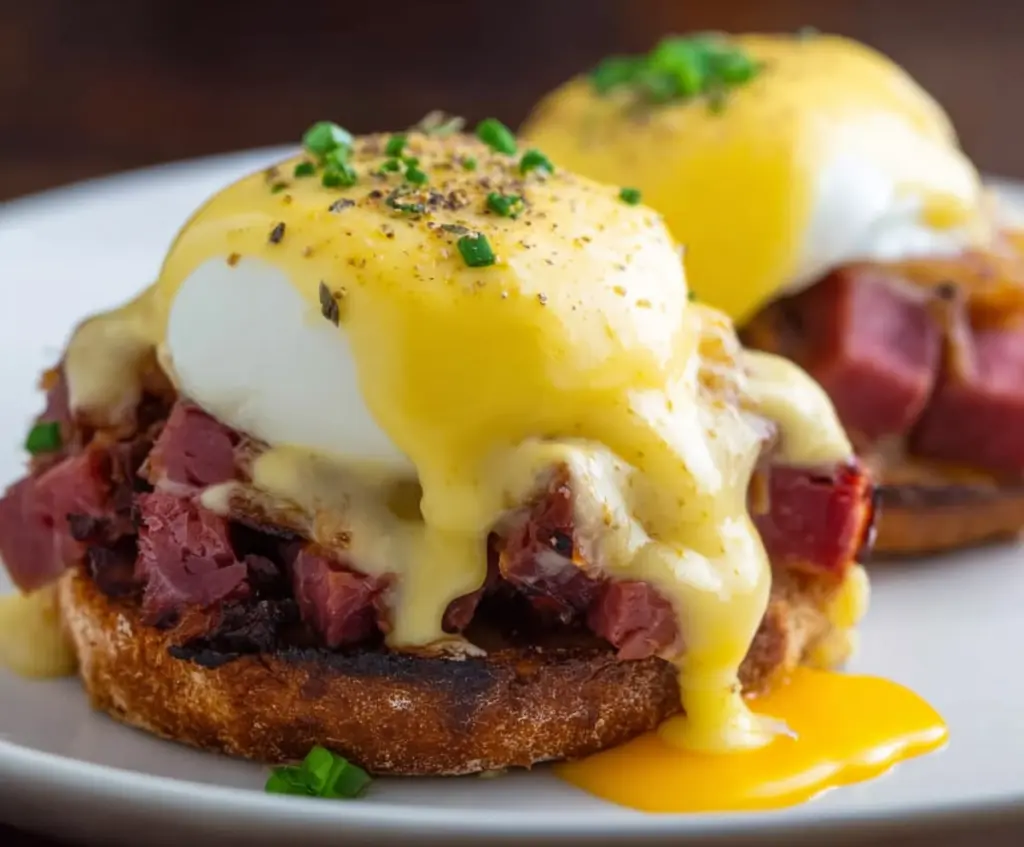 Delicious Corned Beef Hash Eggs Benedict served with perfectly poached eggs and rich hollandaise sauce.