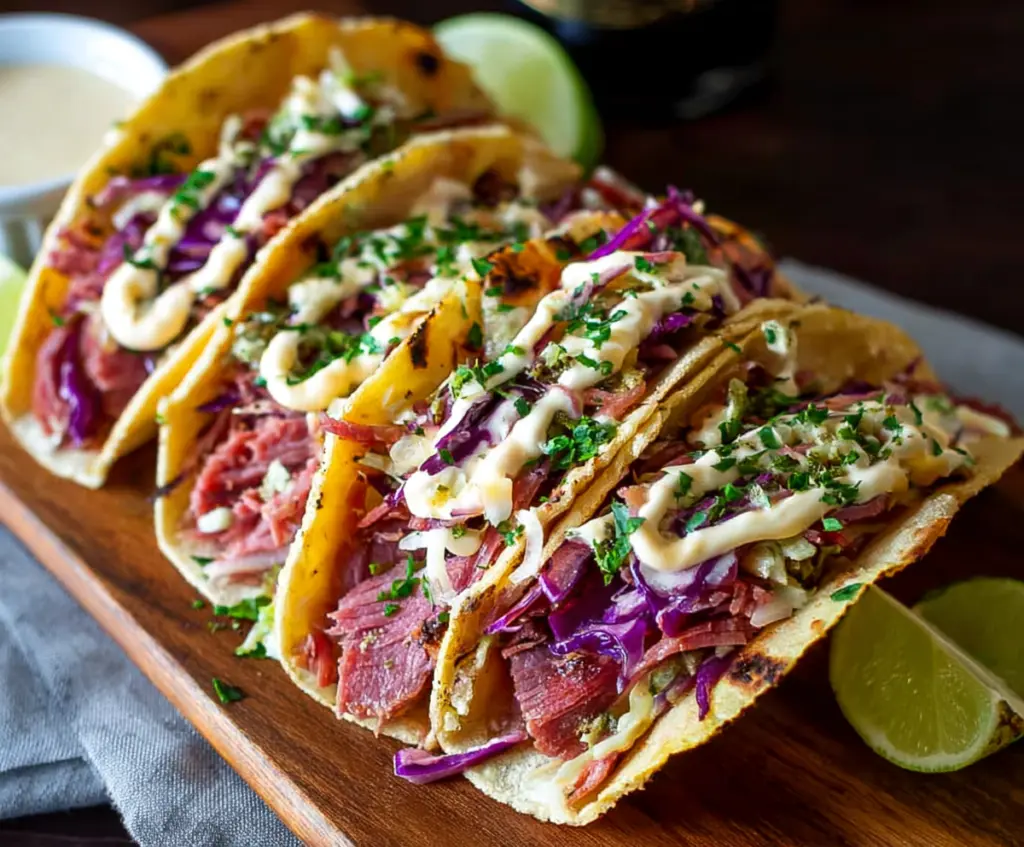 Delicious Corned Beef Tacos with fresh toppings on a plate