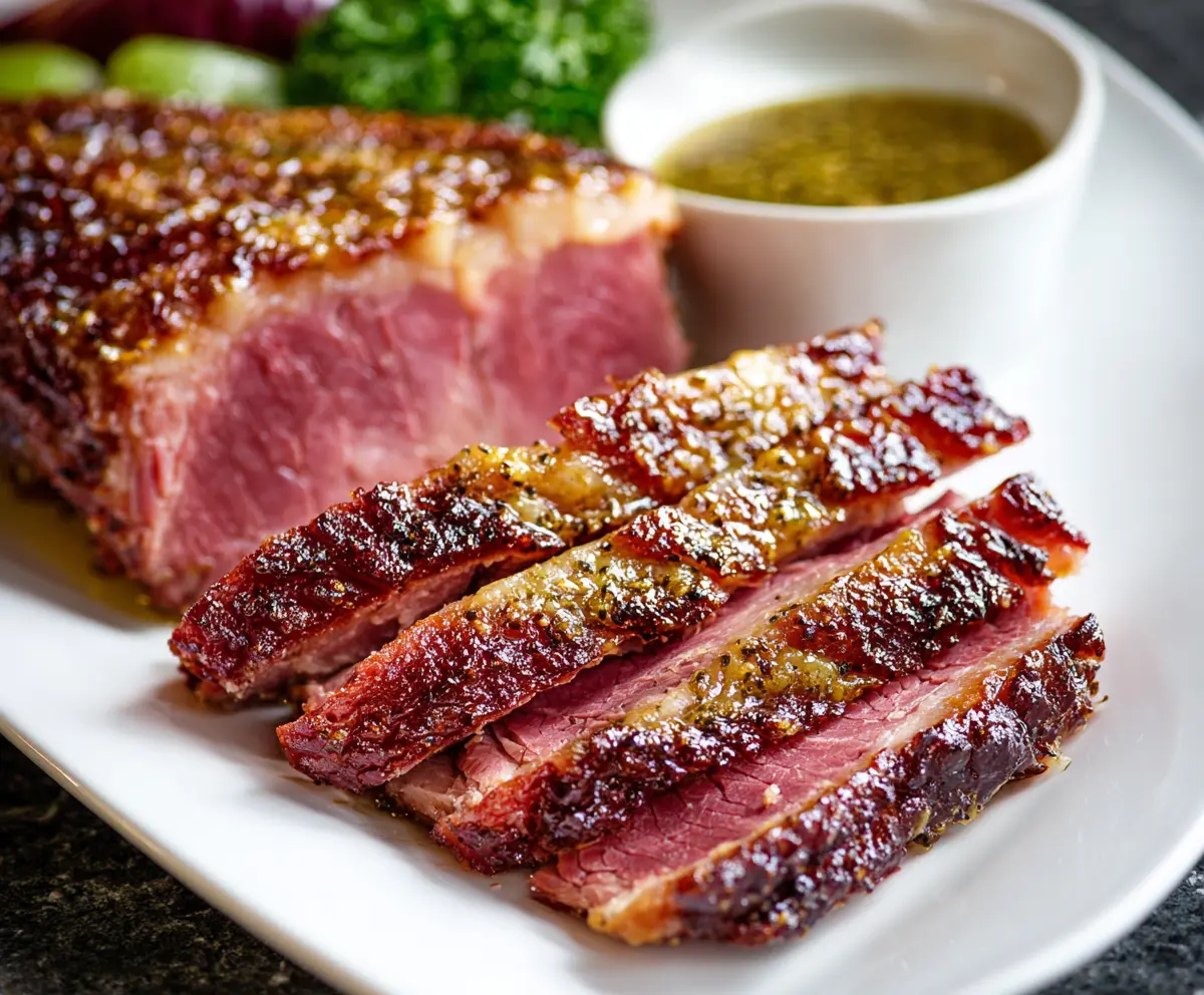 Delicious corned beef with a glossy mustard glaze served on a rustic plate.